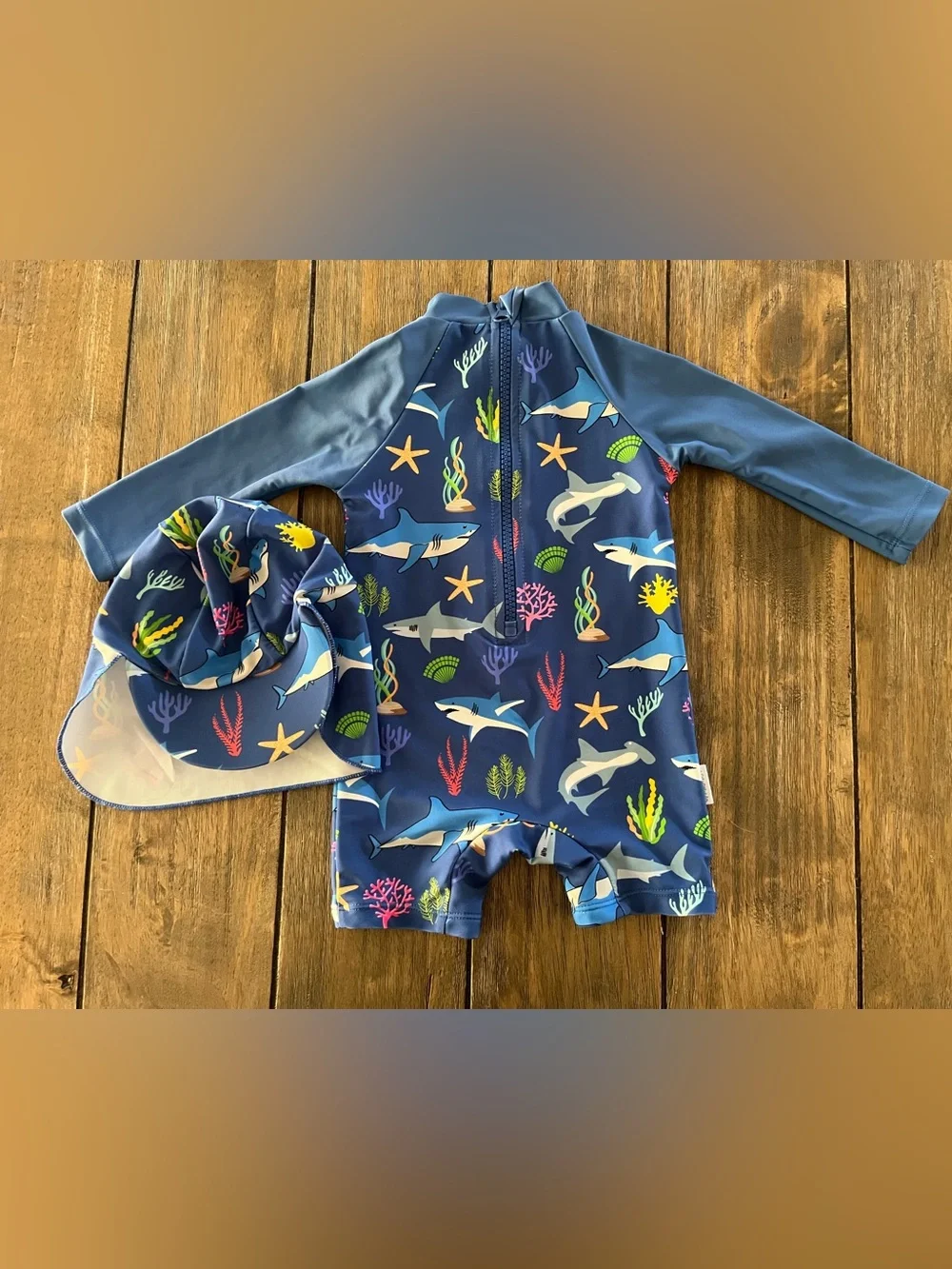Upandfast Infant Blue Shark Print Long Sleeve Swimsuit with Sun Hat size 3-6mo